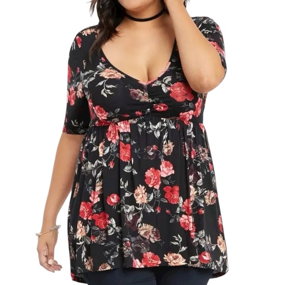 Torrid Women’s Black Floral Print Cinch Front Babydoll Top Torrid Size 3 = 3 XL. - Picture 1 of 8